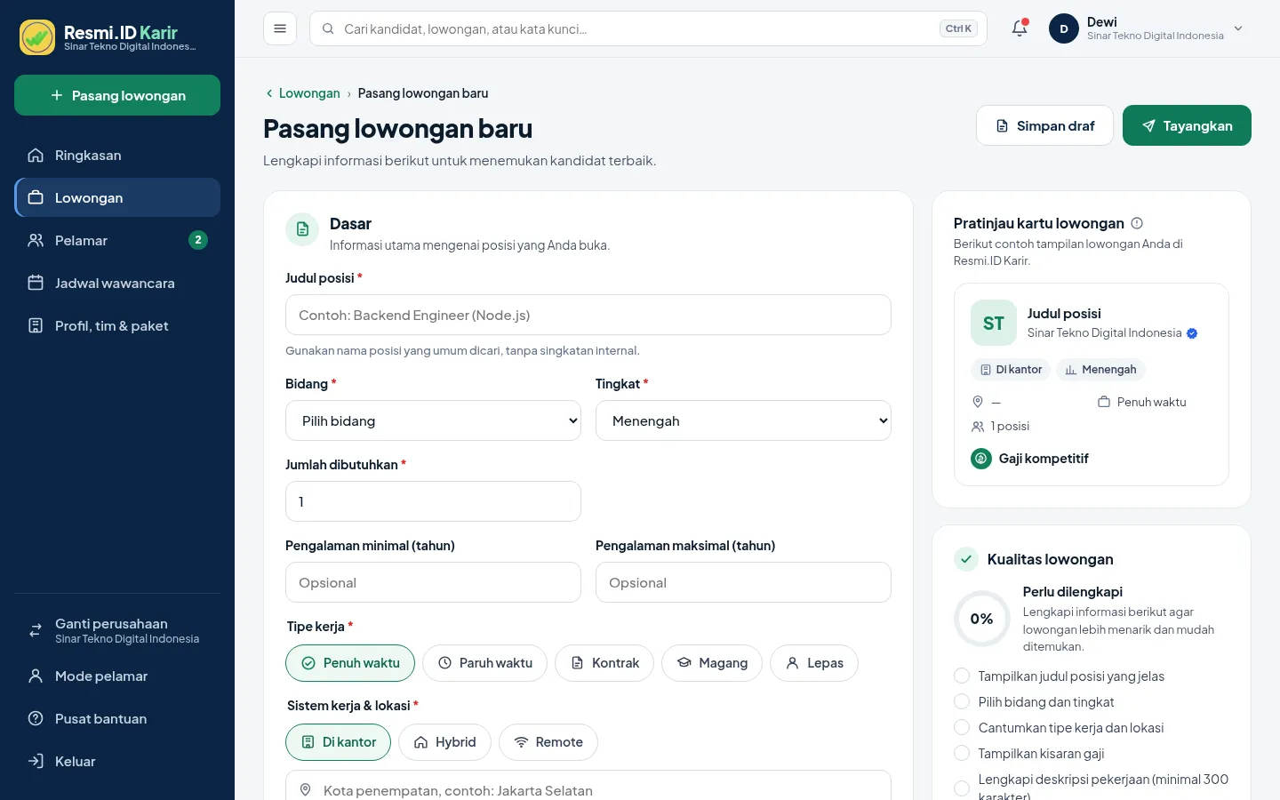 Pasang lowongan