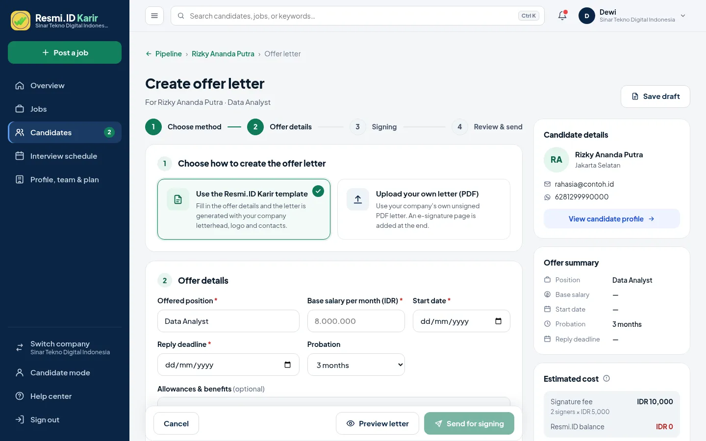 Send an offer letter