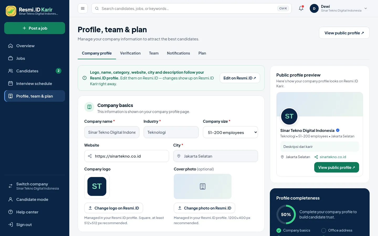 Profile, team & plan