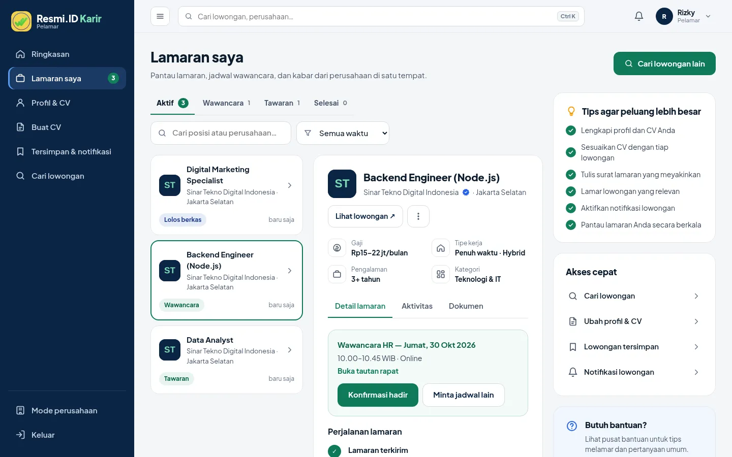 Pantau lamaran & wawancara