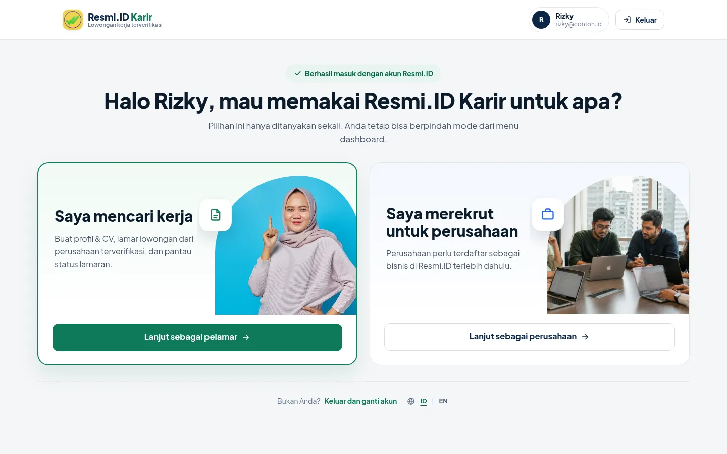 Masuk & pilih mode