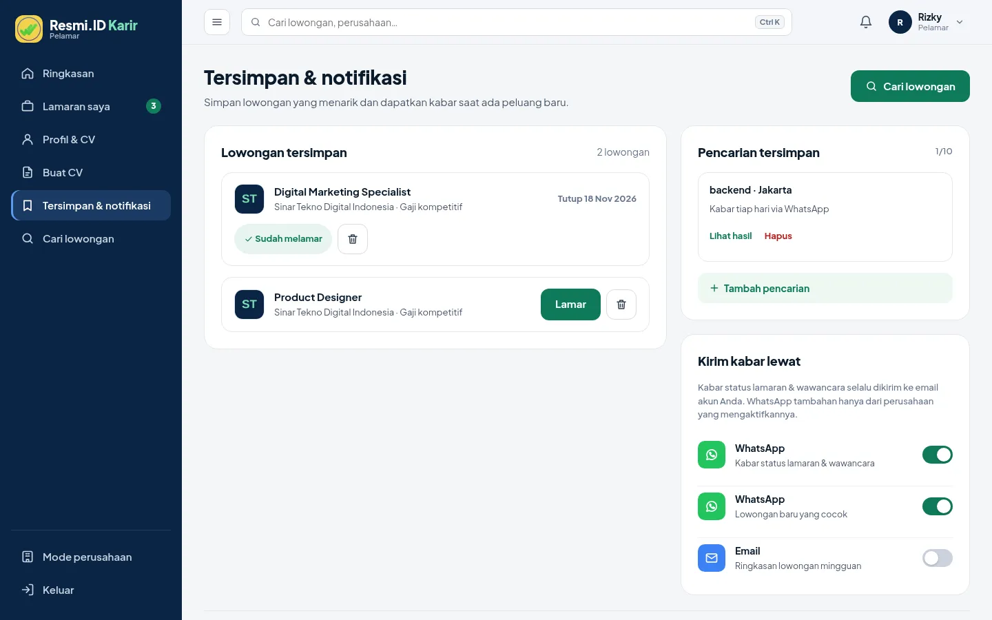 Tersimpan, notifikasi & ikuti perusahaan
